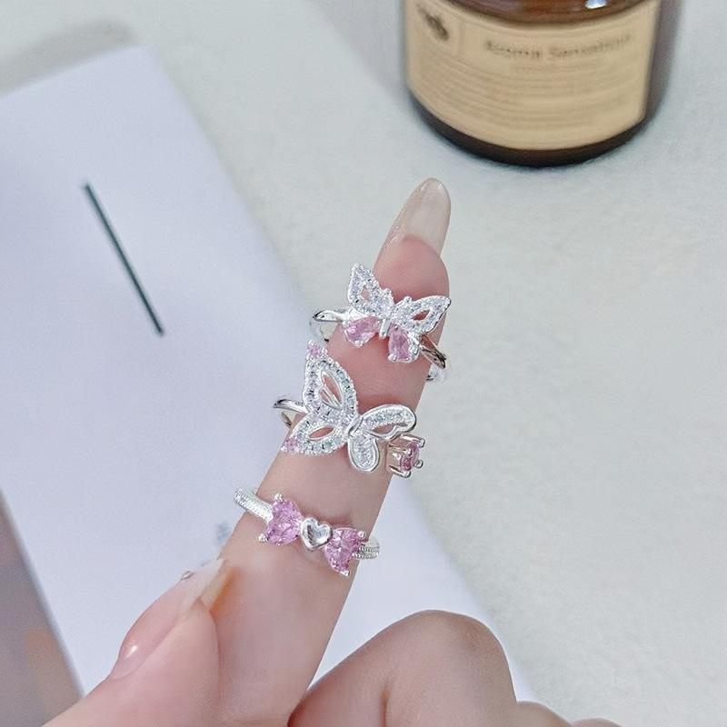 Pink Zircon Full Diamond Butterfly Series Opening Adjustable Ring Light Luxury Sweet Cool Style Niche High-End Ring Woman