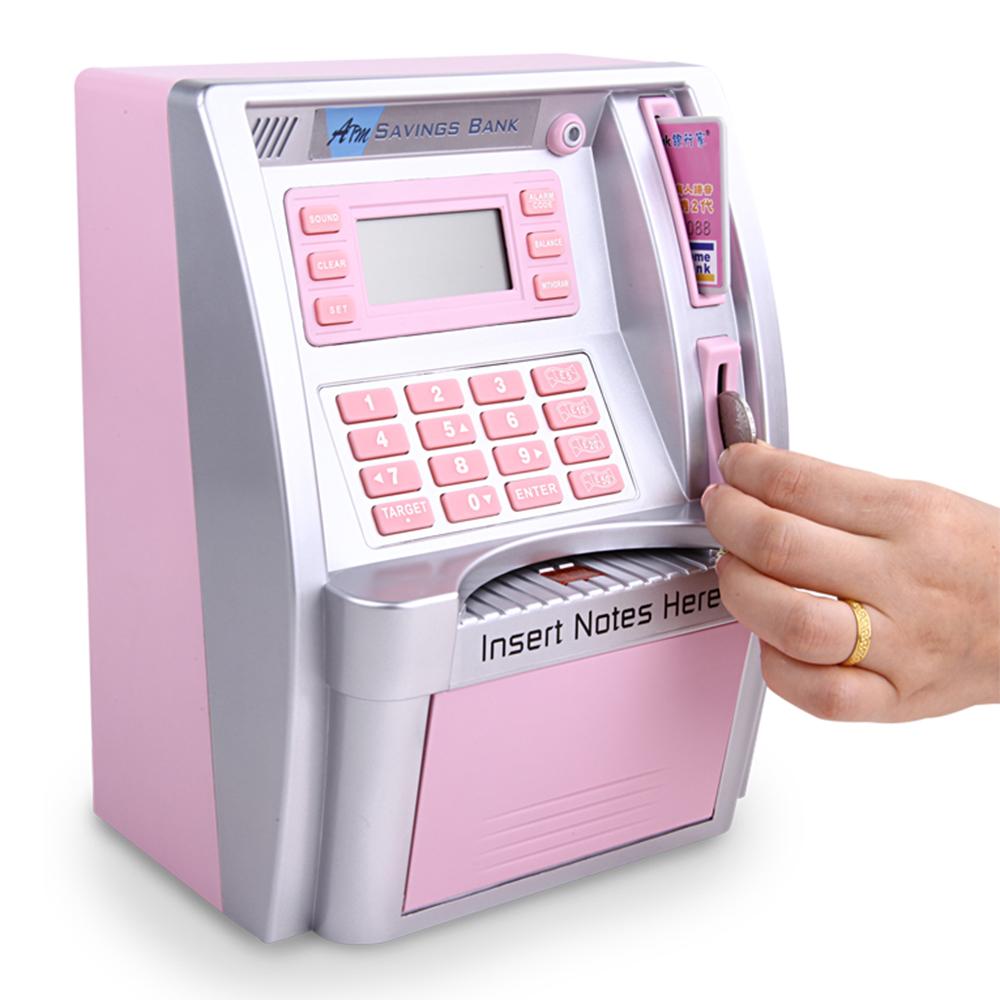

Children Piggy Bank Simulation ATM Machine Toy Banknote Automatic Rolling Saving Box (US Dollar Version) Pink+Silver