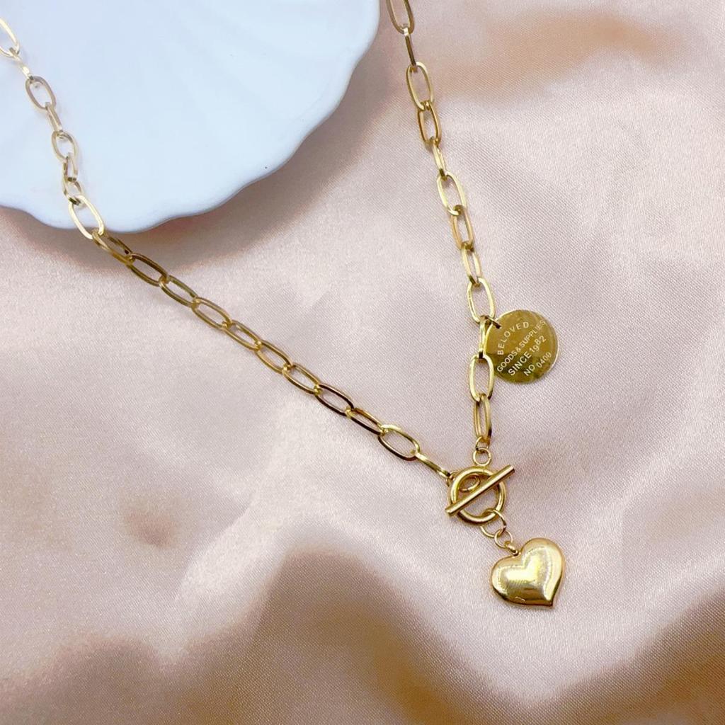 European & American Titanium Steel Thick Chain Heart Pendant Choker Necklace for Women