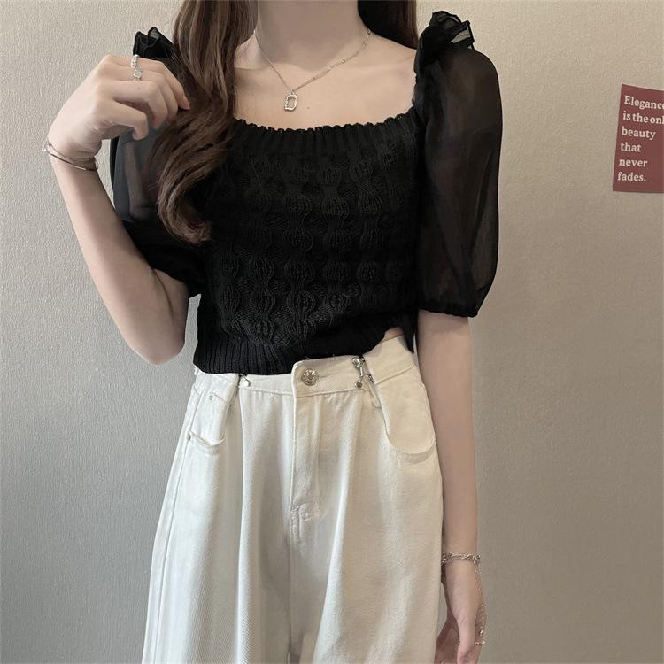 Moda Bükümlü Kare Yaka Kısa Kollu Örme Gömlek Kadın Yaz Tasarım Anlayışı Niş Kısa Kesim Şık Üstler Günlük Temel Slim Fit Kazaklar Tişörtler