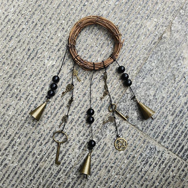 Boho Wind Chime with Bells, Handmade Wicker Wreath Hanging Ornament, Witchy Home Decor for Door Wall Garden, Rustic Witchcraft