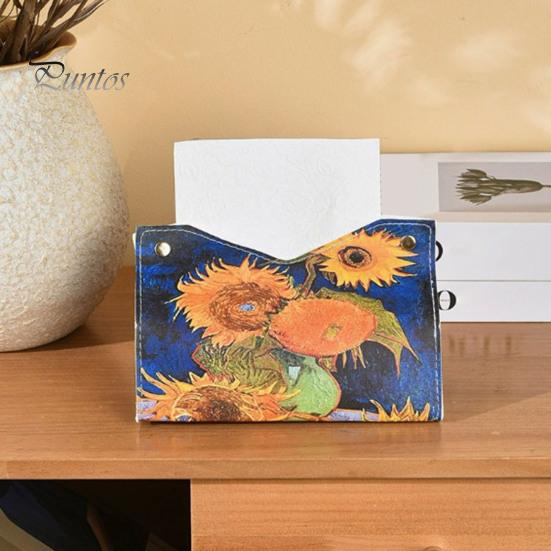 Space Saving Paper Holder PU Leather Tissue Box Cover with Wild Rose/Sunflower Pattern, Foldable Desktop Organizer, Napkin Case, Facial Organizer