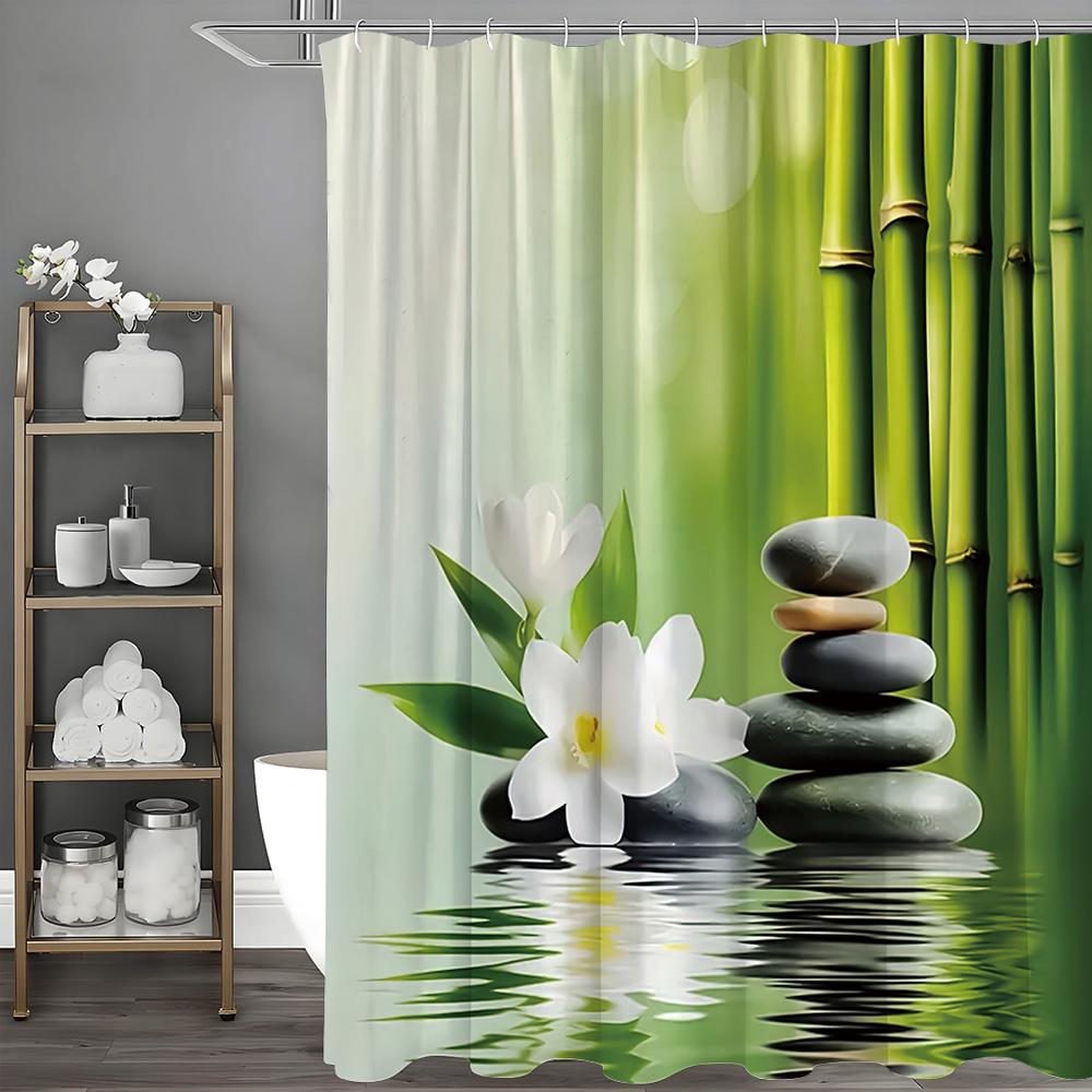 Zen Garden Bamboo Spa Stone Flower Theme Shower Curtain, Bathroom Decorative Shower Curtain, Waterproof Shower Curtain with Hook