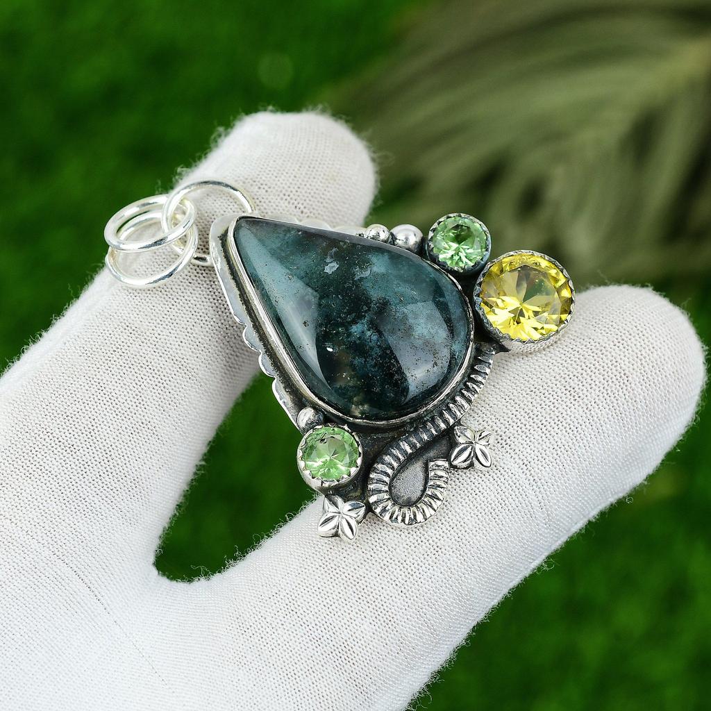 Natural Solar Moss Agate Gemstone Pendant 925 Sterling Silver Jewelry For Women