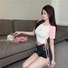 Summer Color Blocked Drawstring T Shirts Women‘s O-neck Short-sleeve T-shirt Casual Elastic Skinny Y2k Crop Tops Women Clothes