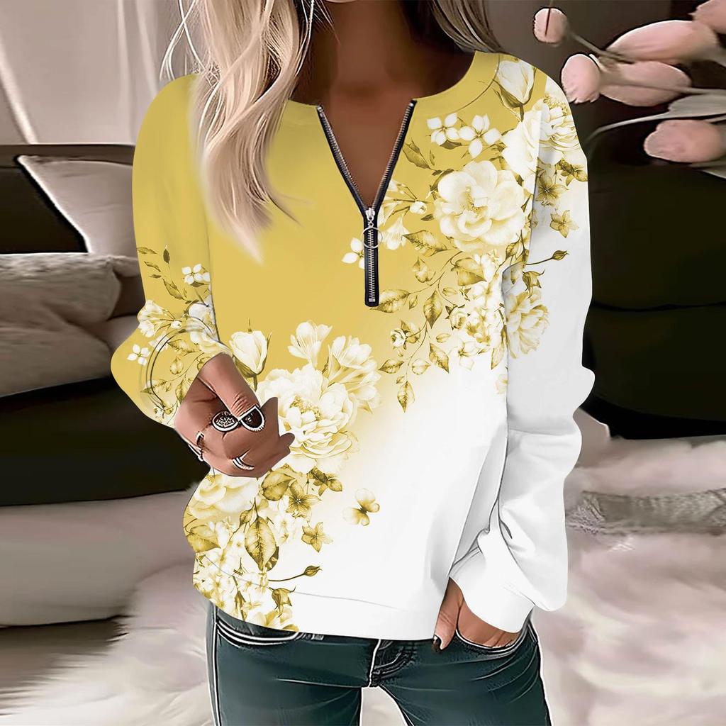 Women Sweatshirt Pullover Basic Quarter Zipper Long Sleeve Print Flowers Hoodie Casual Top