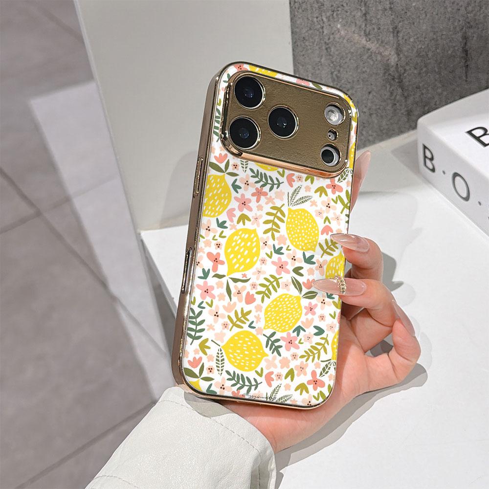 Lucky Start Phone Case For iPhone 17 16 15 14 13 12 11 Pro Max 16E Gold Electroplated Glass Shell Lemon Blossom Cover