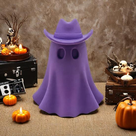 Halloween Cowboy Ghost Figurine Cute Ghost Statue Wearing Cowboy Hat Resin Tabletop Ornament for Home Living Room Bedroom Decor