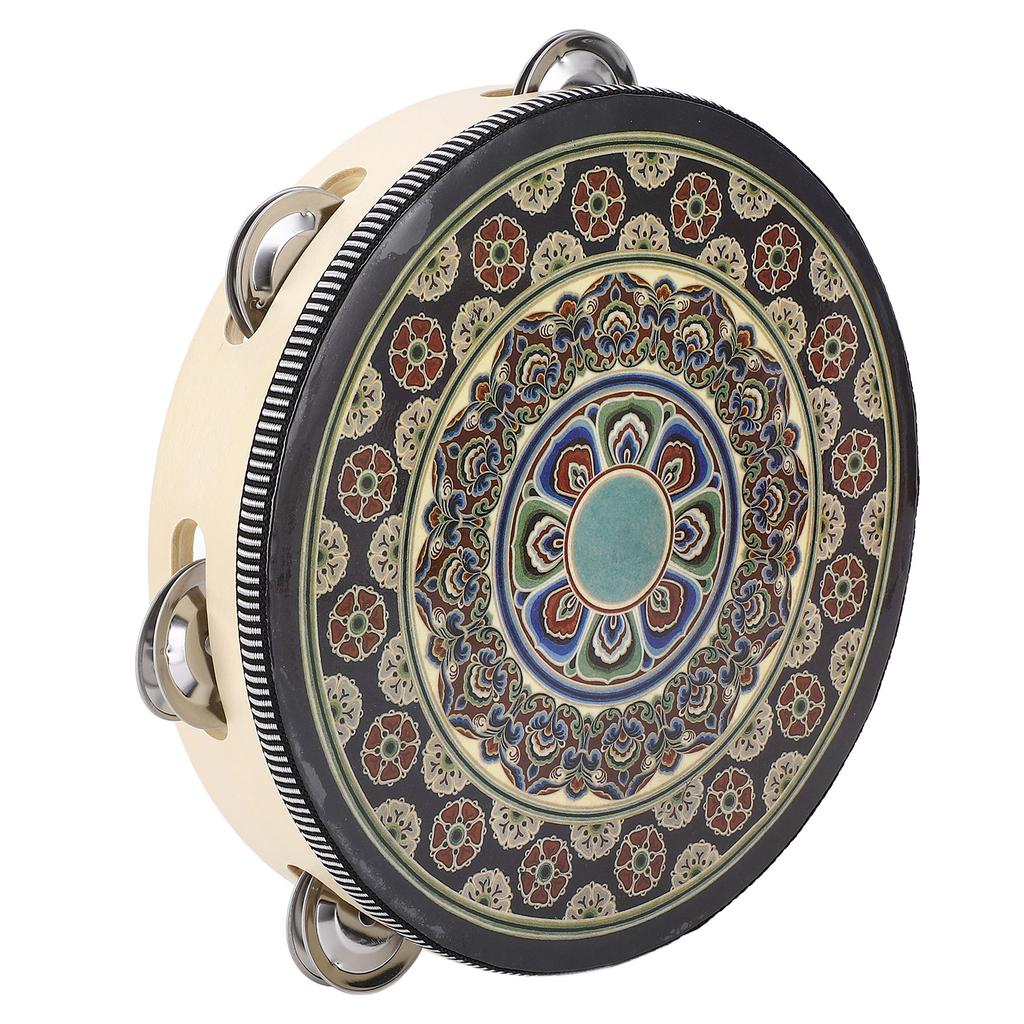 Hand Held Wood Tambourine 8 Inch Jingles Musical Educational Instrument for Adult and Children Black Flower