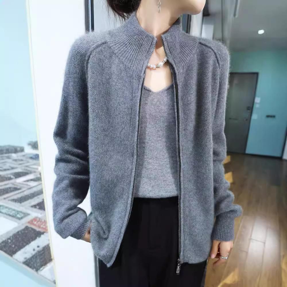 Stojací límeček na zip Pletený cardigan Dámská Krátká bunda Rolák Svetr Volné Topy pro volný čas