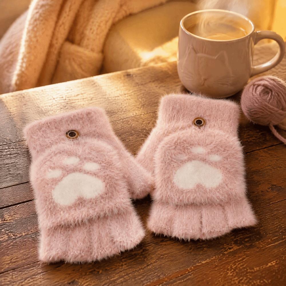Thicken Cat Paw Gloves Soft Warm Plush Mittens Cute Half Finger Gloves Writing