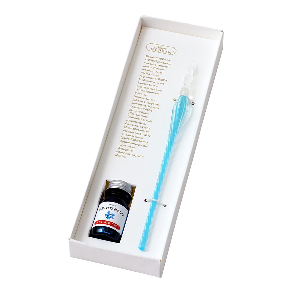 

a traditional French brand founded in offers a handcrafted glass pen in Sky Blue with a 10ml Periwinkle mini ink set Herbin, 1670, (hb21812set).