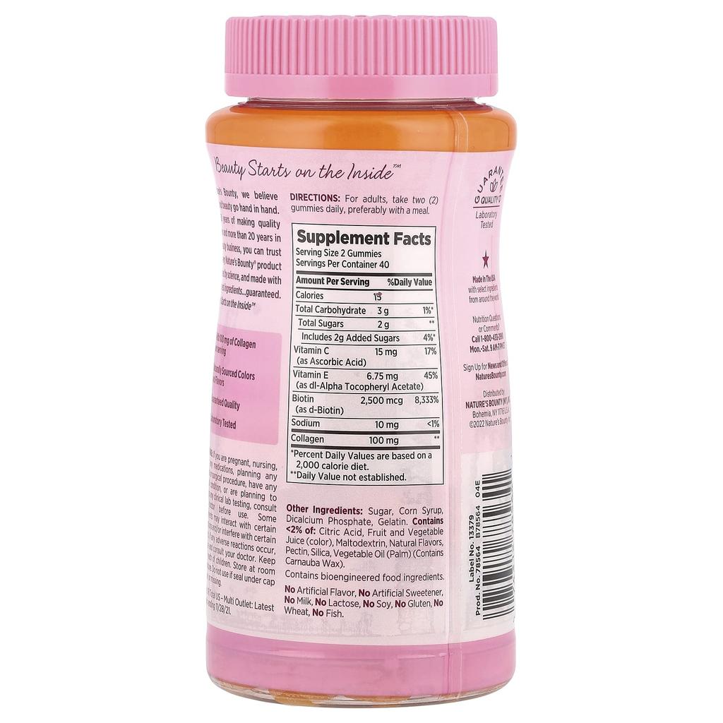 Nature's Bounty Optimal Solutions®, Hair, Skin, Nails Gummies, Collagen & Biotin, Tropical Citrus, 80 Gummies