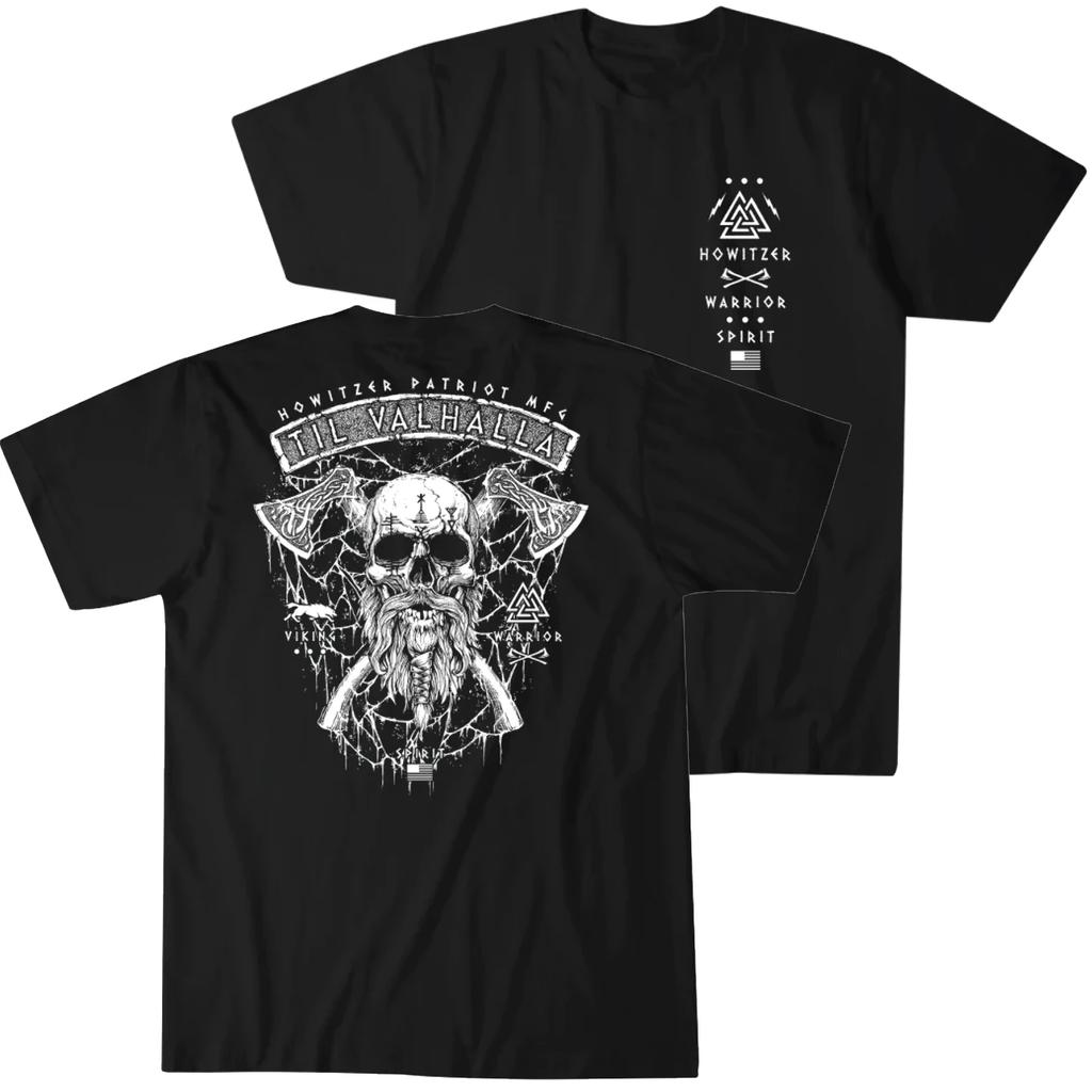 Til Valhalla. Vi king Warrior Spirit Crossed Axe Skull Tactical T-Shirt New 100% Cotton O-Neck Short Sleeve Casual Mens T-shirt