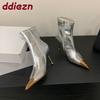 Mode Silber Mode Metall Spitzschuh Moderne Damen Stiefeletten mit Absätzen Schuhe Reißverschlüsse Damen Kurze Stiefel Weibliche Pumps Schuhe