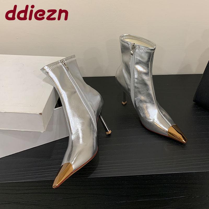 Mode Silber Mode Metall Spitzschuh Moderne Damen Stiefeletten mit Absätzen Schuhe Reißverschlüsse Damen Kurze Stiefel Weibliche Pumps Schuhe