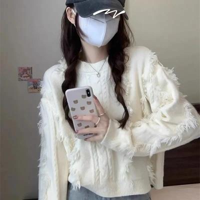 French Style Tassel Short Sweater Autumn/Winter Loose Clothes Versatile Long Sleeve O-neck Pullover Casual Knitted Tops 29208