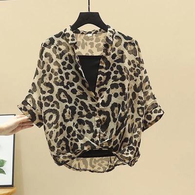 Shirt Women Two Piece Leopard Tops V Neck Summer Loose Versatile Large Size Pullover Shirt