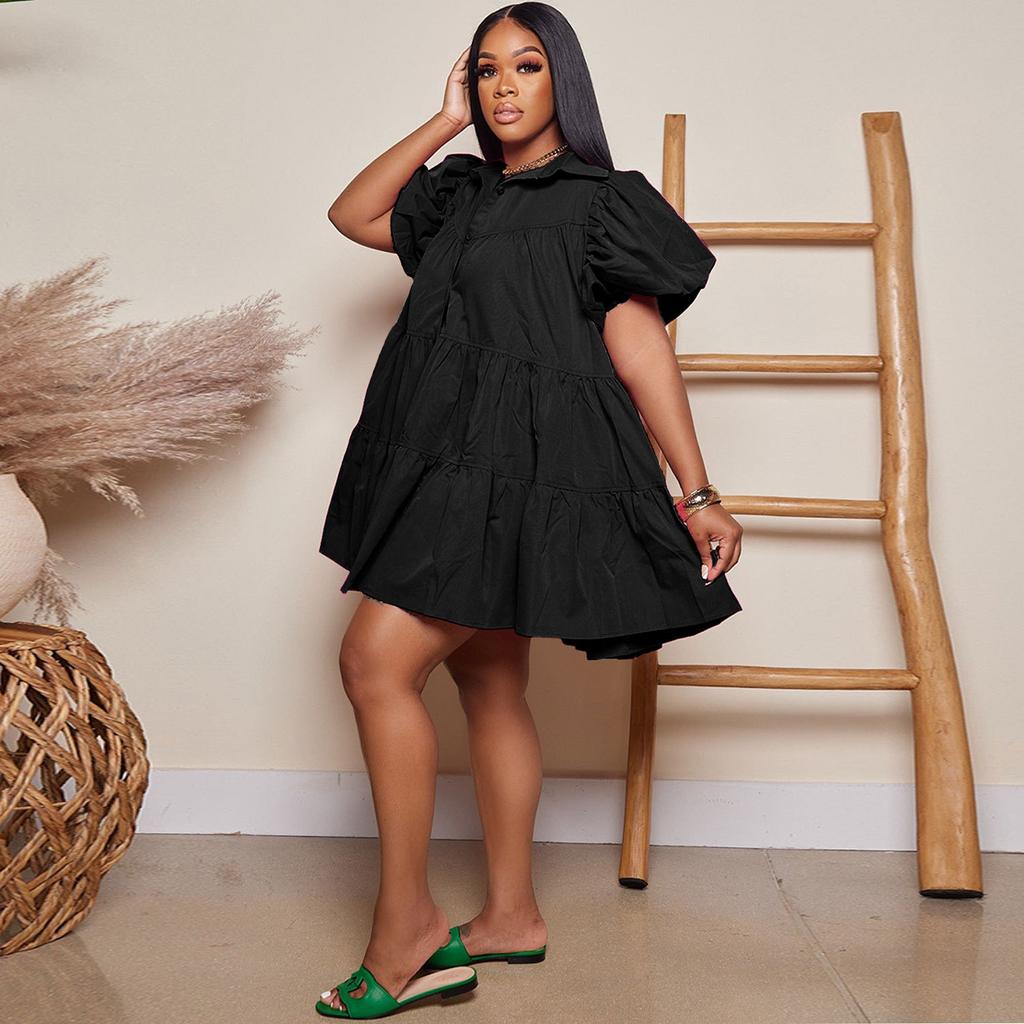 Women's Summer Fashion Solid Color Casual Loose Dress Puff Sleeve Button Doll Collar Skirt