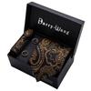 Barry.Wang Mens Tie Gift Paisley Tie Pocket Square Cufflinks Gift Box Gold Black Silk Barry.Wang Necktie Set