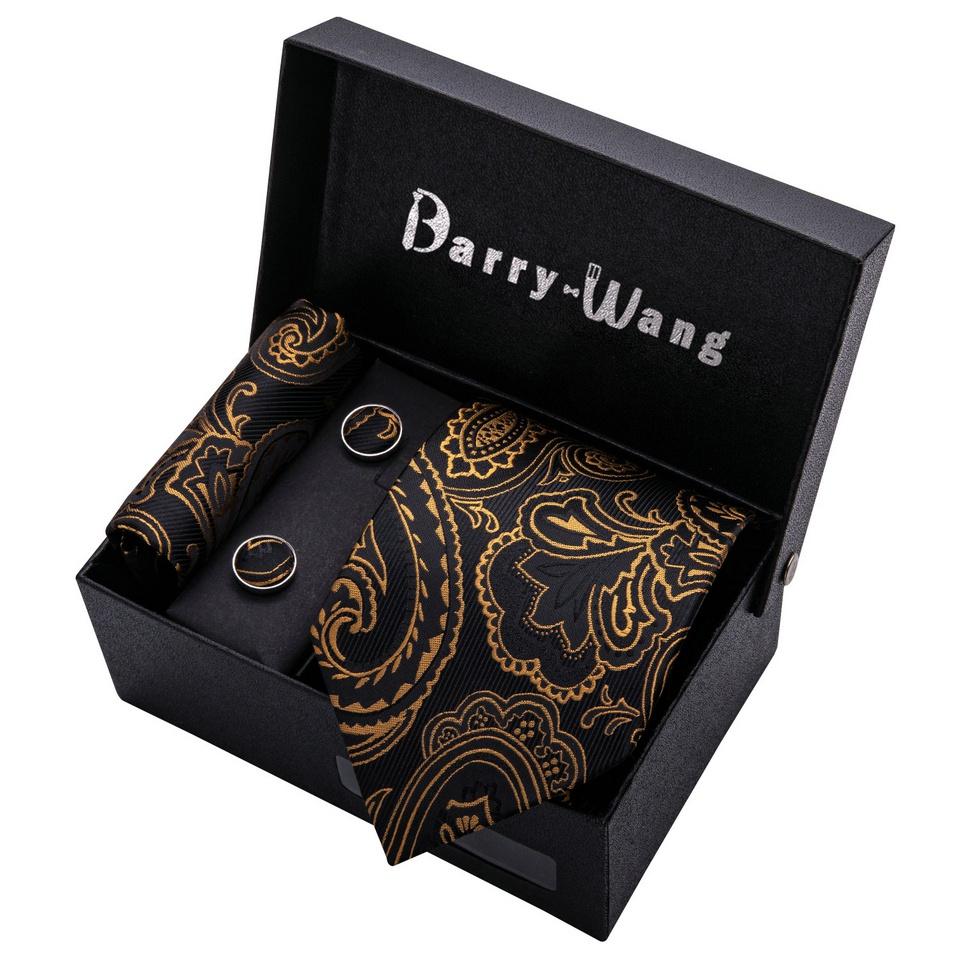 Barry.Wang Mens Tie Gift Paisley Tie Pocket Square Cufflinks Gift Box Gold Black Silk Barry.Wang Necktie Set