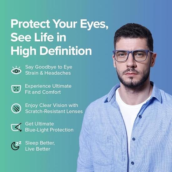 Intelllens | Gafas para computadora Zero Power Blue Cut | Antirreflejos, ligeras | Protección UV | Unisex | Azules | Cuadradas | Medianas