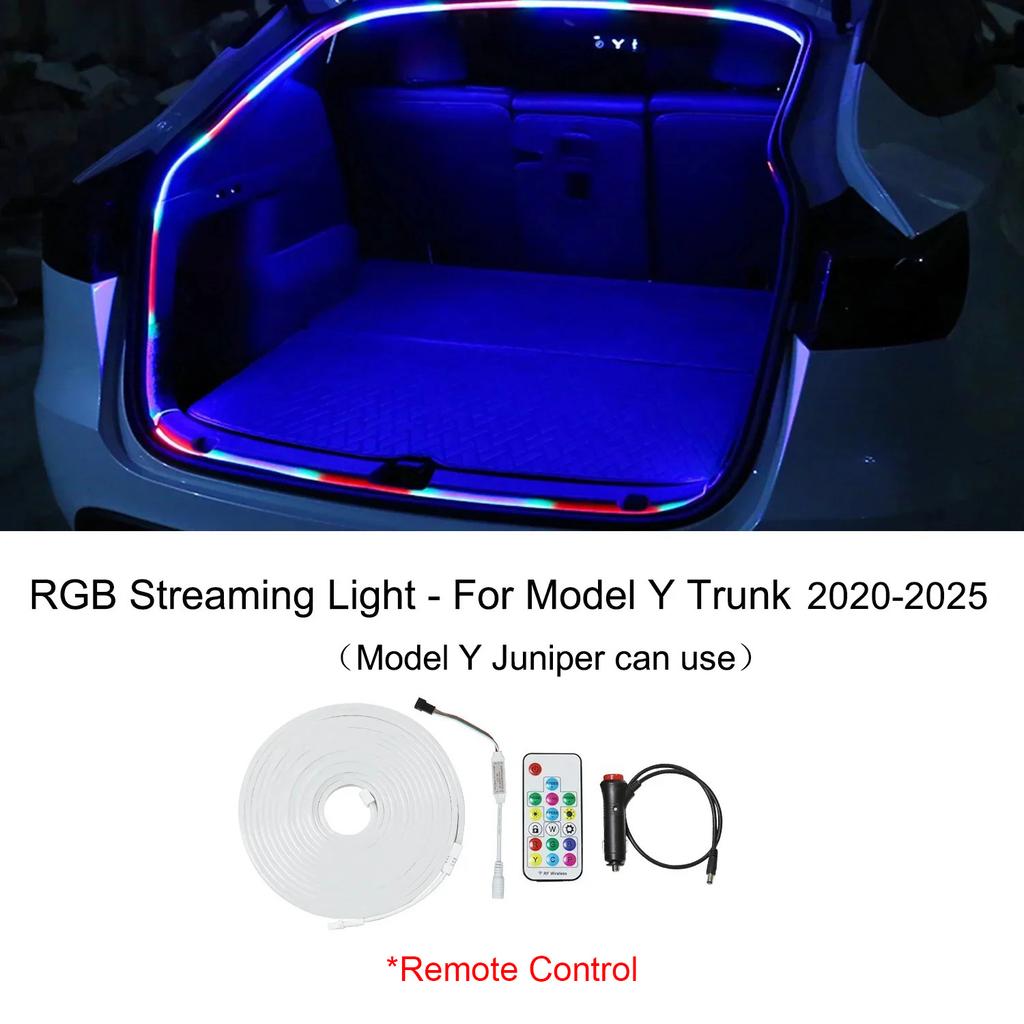 For Tesla Model Y Juniper -2025 Trunk Flow Lamp RGB Ambient Light Trunk DC Plug Multi-speed Hidden Recessed Mounting Lamps