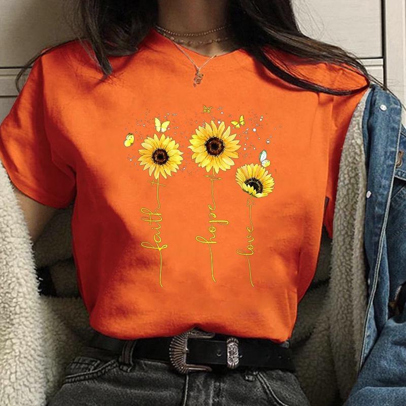 

Женская новая модная футболка с принтом подсолнуха «Надежда Любовь Вера», женская уличная крутая футболка с коротким рукавом и круглым вырезом для активного отдыха 4XL