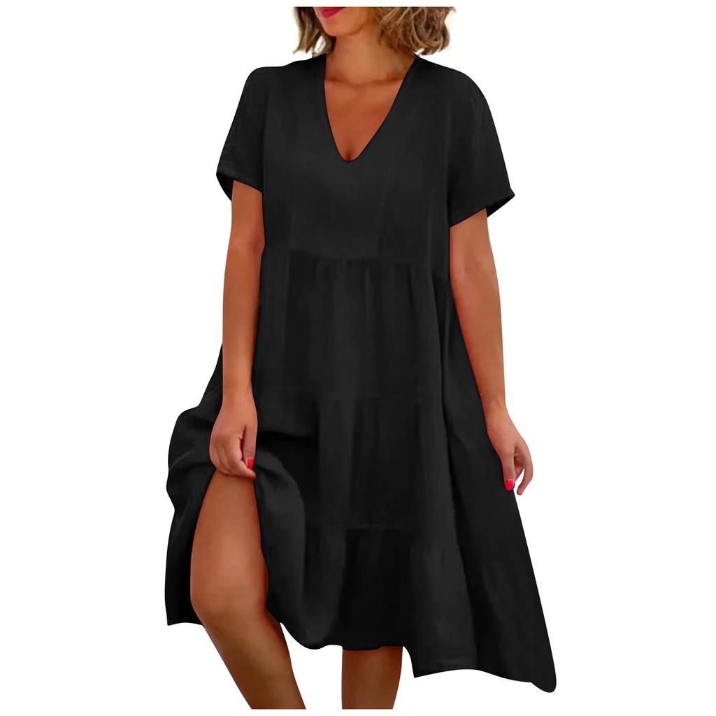 Fashion Women's Summer V Neck Casual Fashion Color Pullover Dress