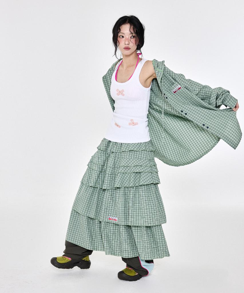 Yegeu Check Ruffle Skirt Green