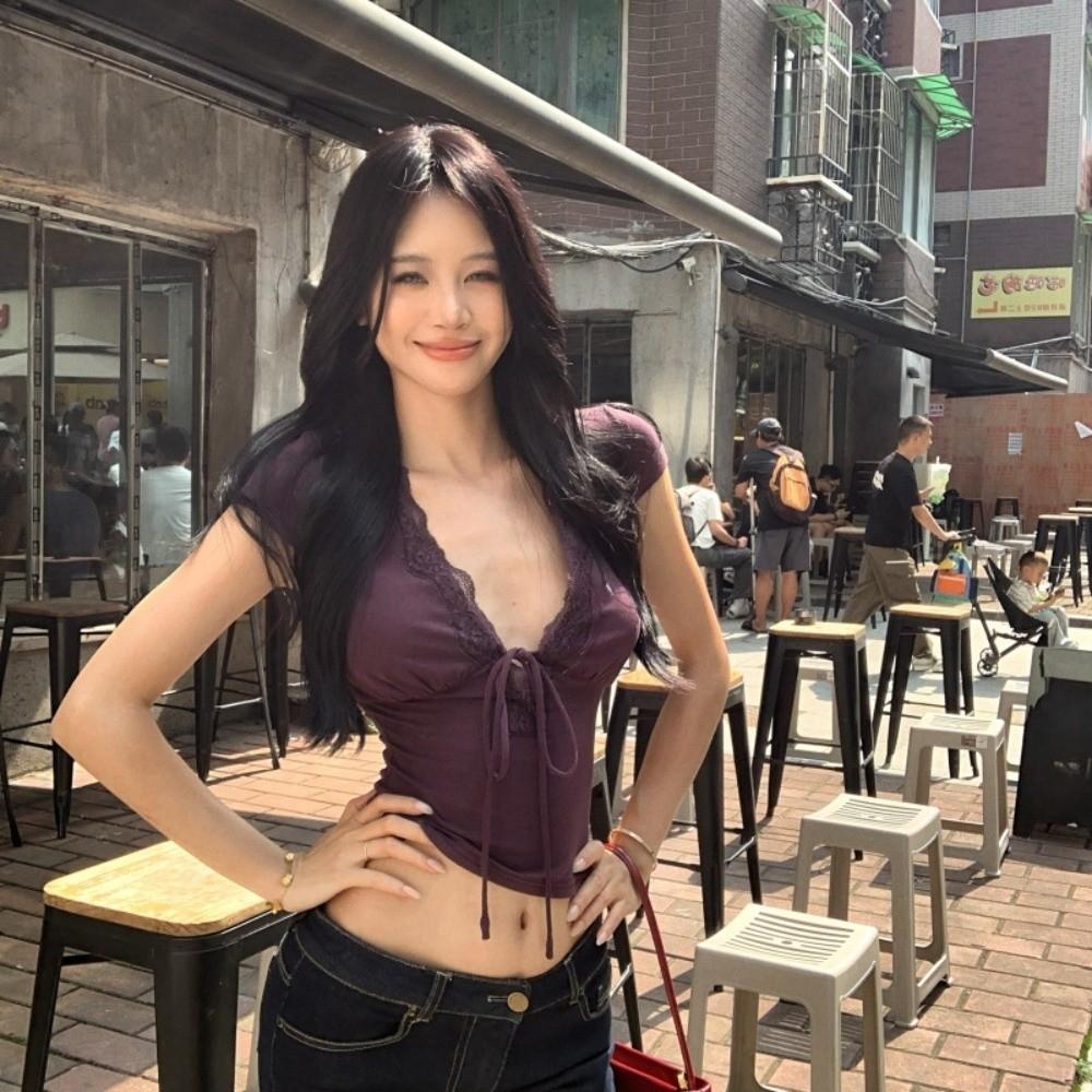 V Neck Slim Crop Tops Lace Camisole Chic Bottoming T-shirt  Streetwear