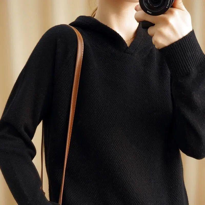 

Пуловер, осень и зима 2022, корейский свитер с капюшоном, универсальный женский свитер с длинными рукавами, свободный свитер, топы One Size чёрный