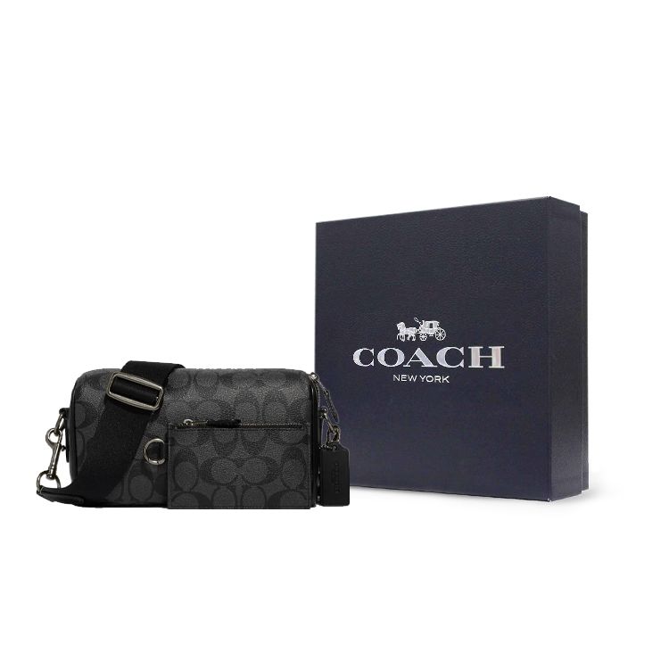 Coach Axel 21 Einfarbig Klassischer Buchstabenaufdruck Hardware-Schnalle Leinwand und Leder Schulter-Crossbody-Tasche Kleine Herren-Taschen Schwarz CJ674-QBO4G