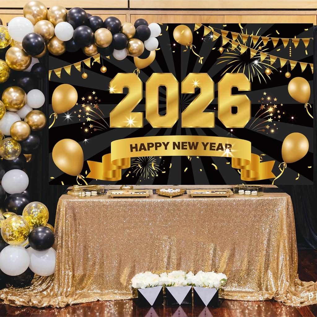 Happy New Years Eve Supplies 2026 - Black and Gold Large New Years Backdrop 2026, New Year Eve Banner Party Decorations 2026 Party Decor for Adults