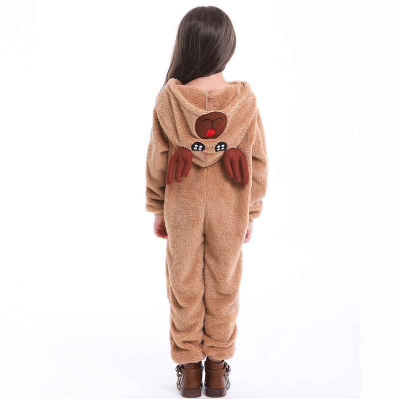 Kids Girls Animals Coral Velvet Elk Ear Christmas Reindeer Hooded Jumpsuit Children Halloween Role Play Dress Up Cosplay Costume
