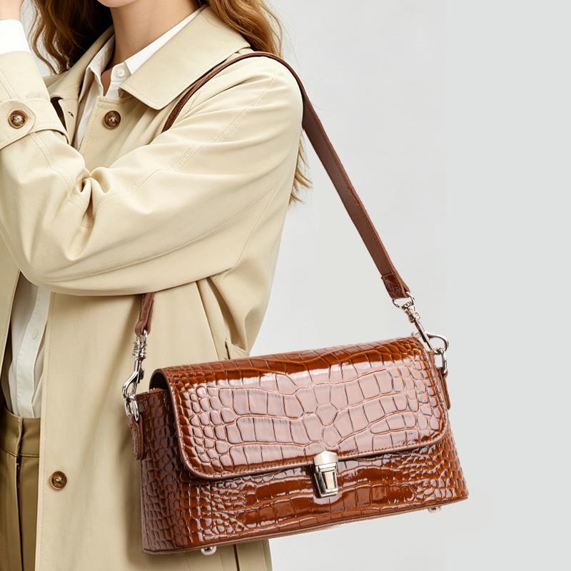 Aidrani Crocodile Pattern Brown Shoulder Bag Retro Flap Handbag with Metal Lock