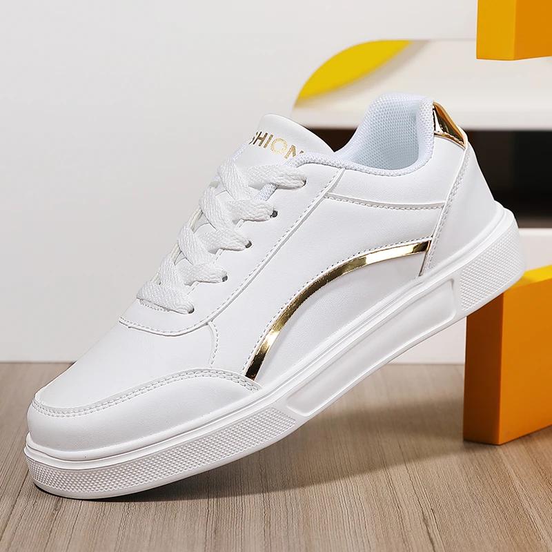 Women White Shoes Flat Female White Board Casual Shoes Lace Up PU Leather Walking Sneakers Thick Sole Outdoor Luxury Fashion