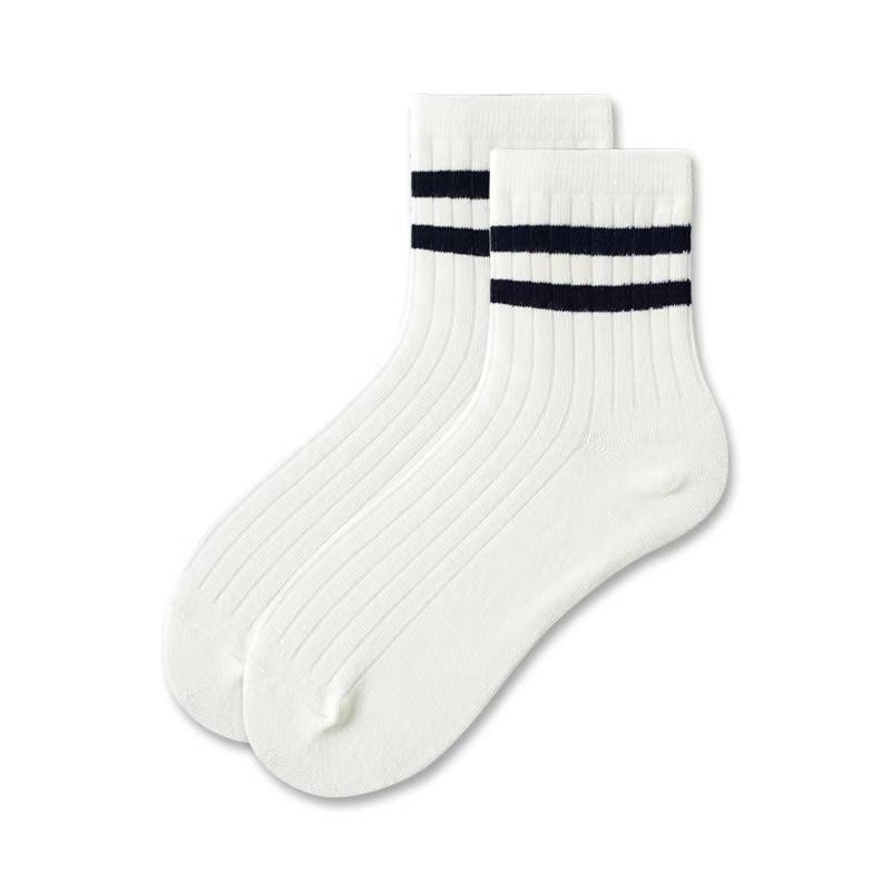Women's Summer Thin Classic Stripe Two Bar Breathable Sweat Absorbing Leisure Sports Tube Cotton Socks