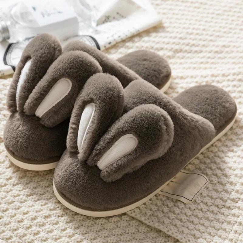 Women Warm Faux Fur Slippers Cute Rabbit Ear Indoor Slipper Soft Plush Anti-slip Winter Female Home Floor Shoes Slippers Women