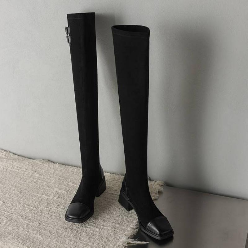 New women's elastic boots women's comfortable sleeve rubber sole middle heel square head suede over knee boots autumn and winter large size boots