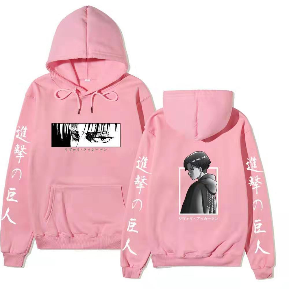Attack On Titan Levi Ackerman Hoodie Unisex Fleece Sweatshirt Front Manga Eyes Print, Back Levi Portrait, Japanese Sleeve Text Autumn Winter Pullover