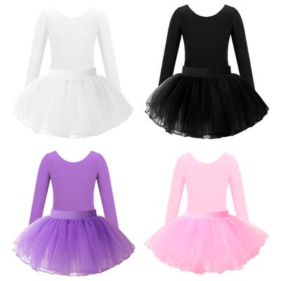 Girls Long Sleeve Round Neck Leotard Elastic Waistband Tutu Layered Skirt Ballet Dance Performance Set