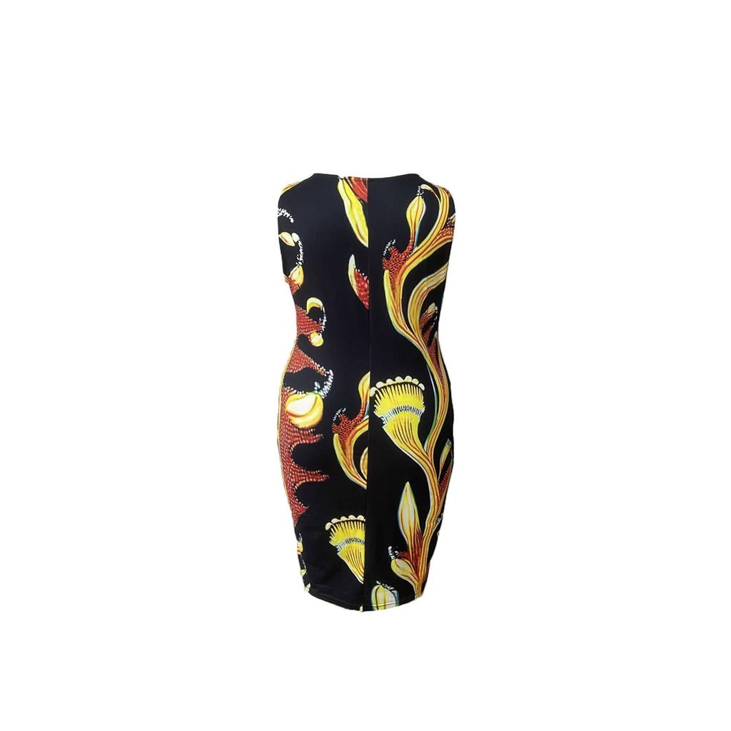 Women's Sleeveless Round Neck Print Elegant Tight Knee-length Dress