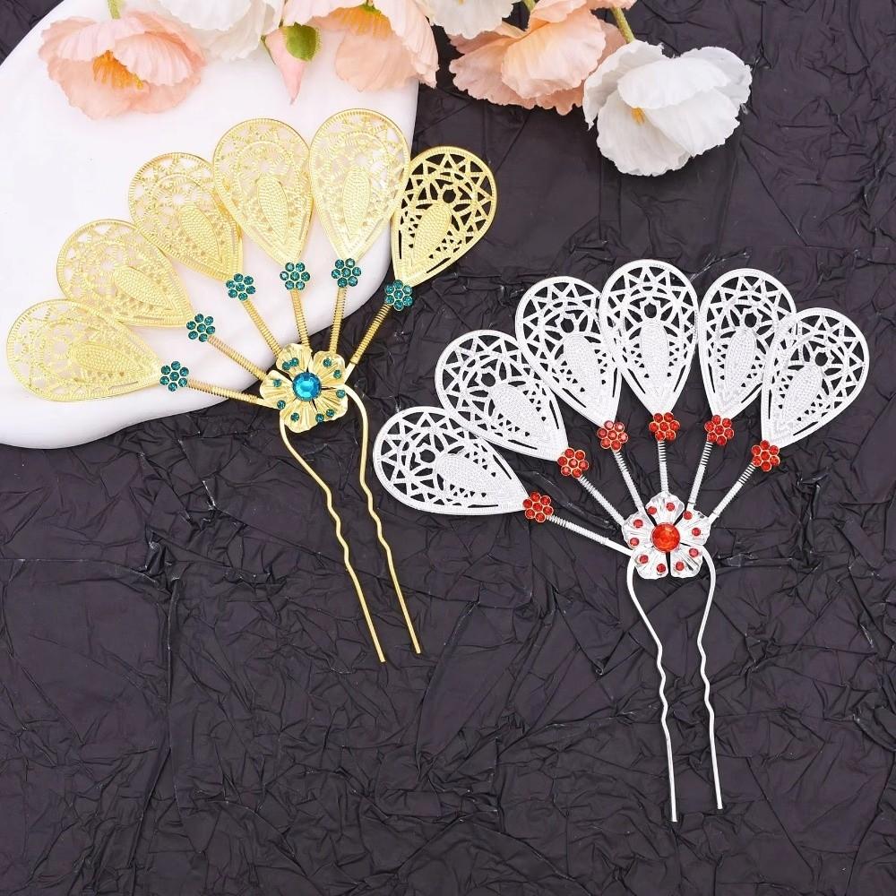 Golden Rhinestone Flower Hairpin Metal Crystal Thai Style Leaf Hair Stick Alloy Hollow Ethnic Headdress Jewelry