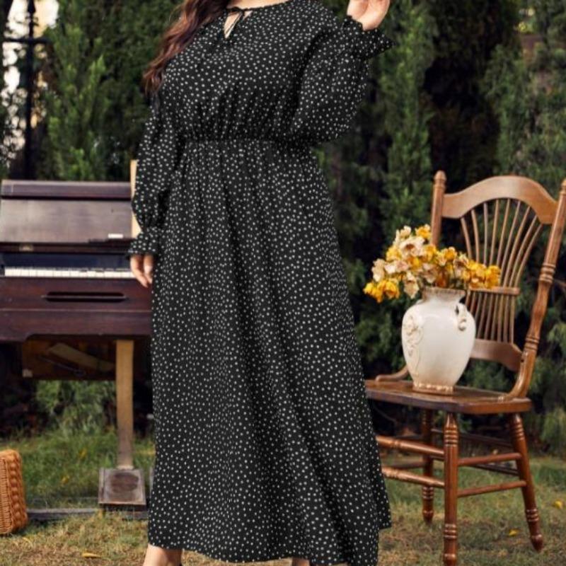 Vintage Long Sleeve Dresses Round Necked Plus Size Dress for Women Fashion Polka Dot Oversized Dress Elegant Tight Dress Commuter Fashion Maxi Dresses
