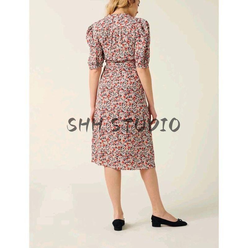 Autumn New Product Women Clothes French Style Design Pure Desire Style V-neck Bubble Short Sleeve Waist Hugging Lace-up Long Dress