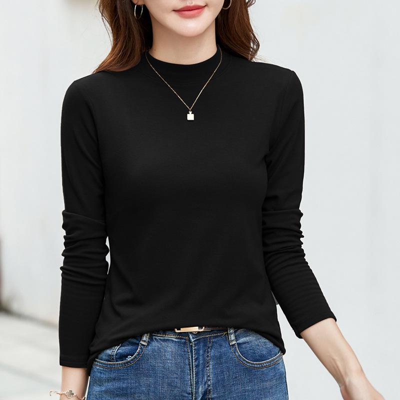 Camiseta de Terciopelo de Cuello Alto de Manga Larga para Mujer de Color Sólido - Top Versátil y Elegante para Otoño/Invierno