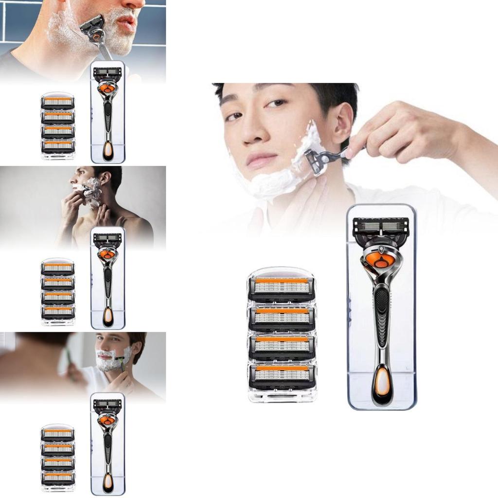 Innowacyjna maszynka do golenia z pięcioma ostrzami dla panów w stylowej pomarańczowo-czarnej kolorystyce