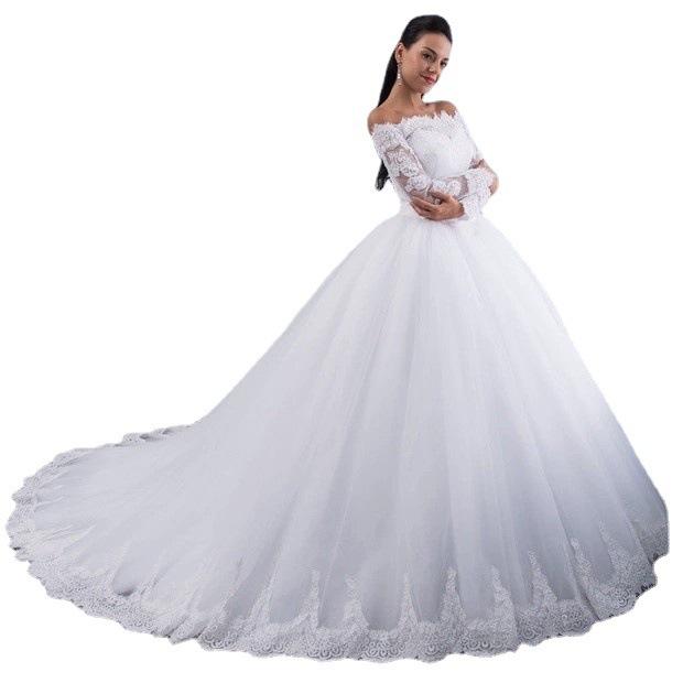 Wedding Dress Europe and America New High Waist White Medium Sleeve Princess Skinny Shoulder Slim Lace Long Sleeve Main Wedding Dress