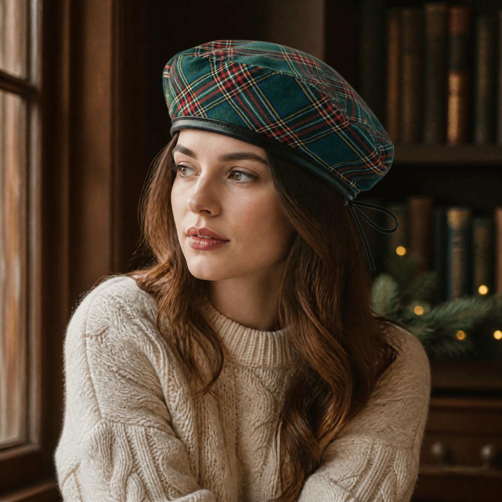 Y2K Tartan Plaid Beret Drawstring Artist Hat Fashion Newsboy Cap Autumn